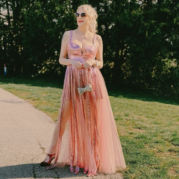 NWOT Azazie Pink Sequin Tulle Prom Dress - Picture 2 of 9